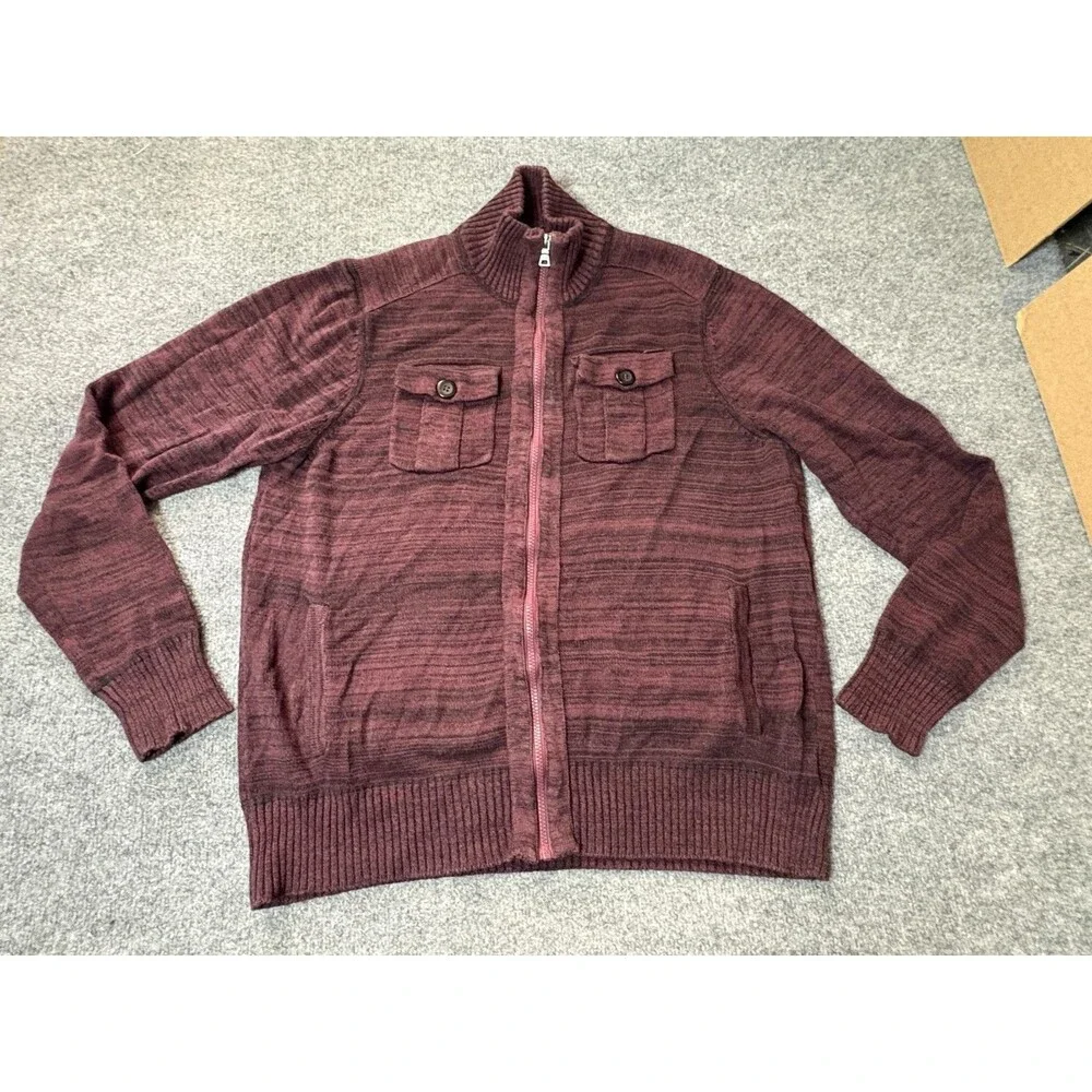 GUESS Sweater Mens L Red Stripe Cotton Full Zip Mock Neck Knit Pockets Logo